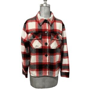 BB Dakota Steve Madden Women's Button Down Boxy Shacket (Racing Red Multi, L)
